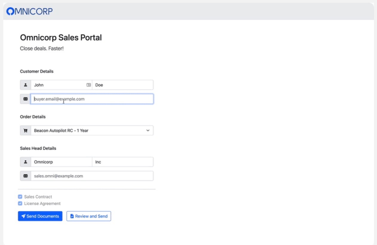 Embedded document workflow interface showing customer details, order details, and send documents option