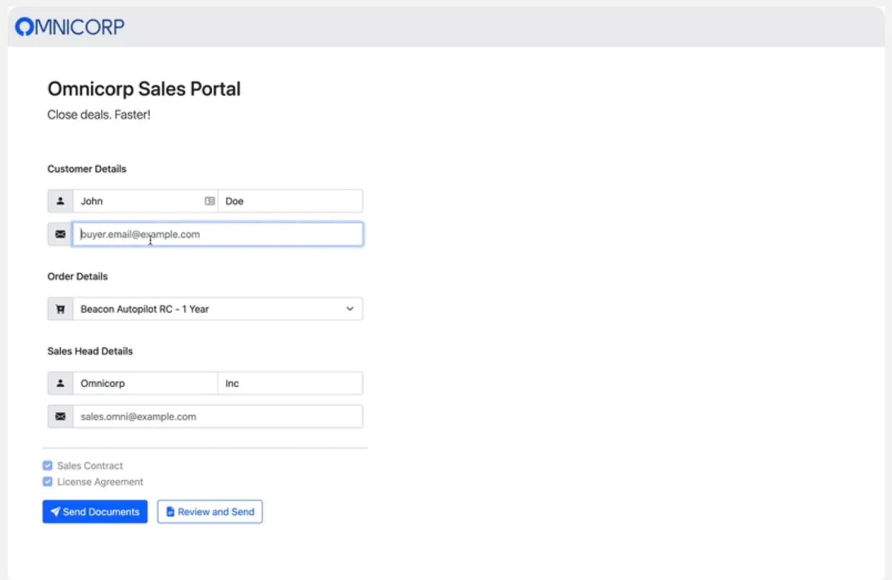 Embedded document workflow interface showing customer details, order details, and send documents option