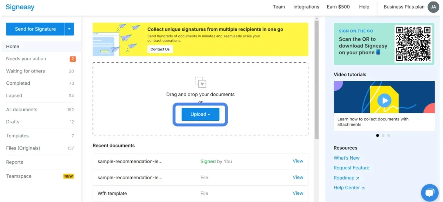 Image showing how to upload a file into Signeasy