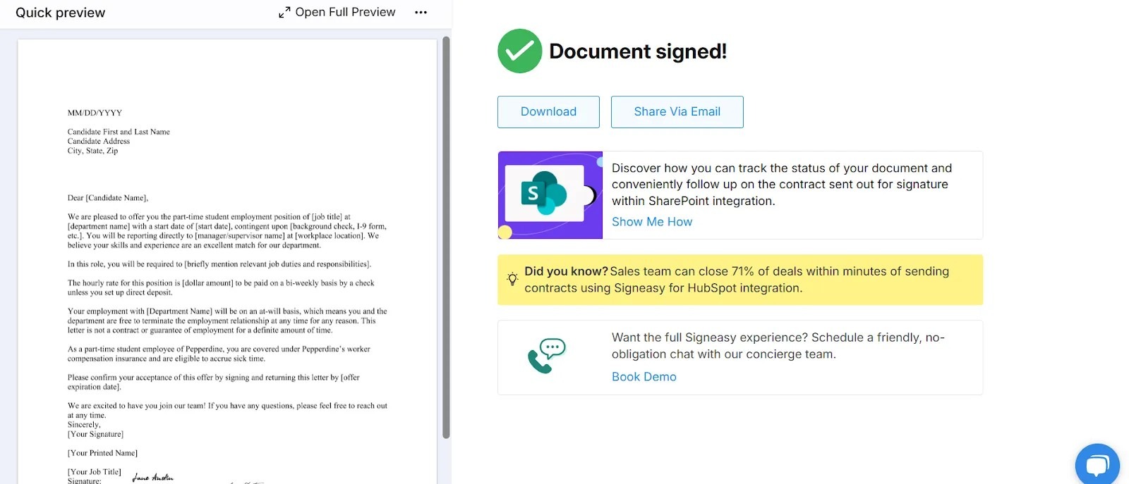 Image showing how to download the signed document