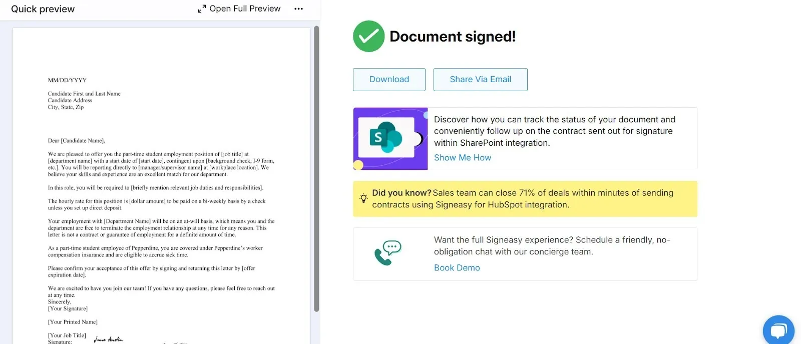 Image showing how to download the signed document