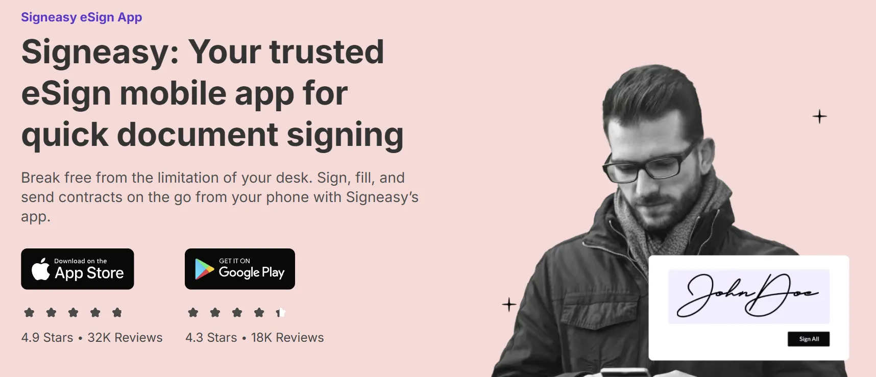 Promotional banner for Signeasy mobile app with app store downloads and ratings.