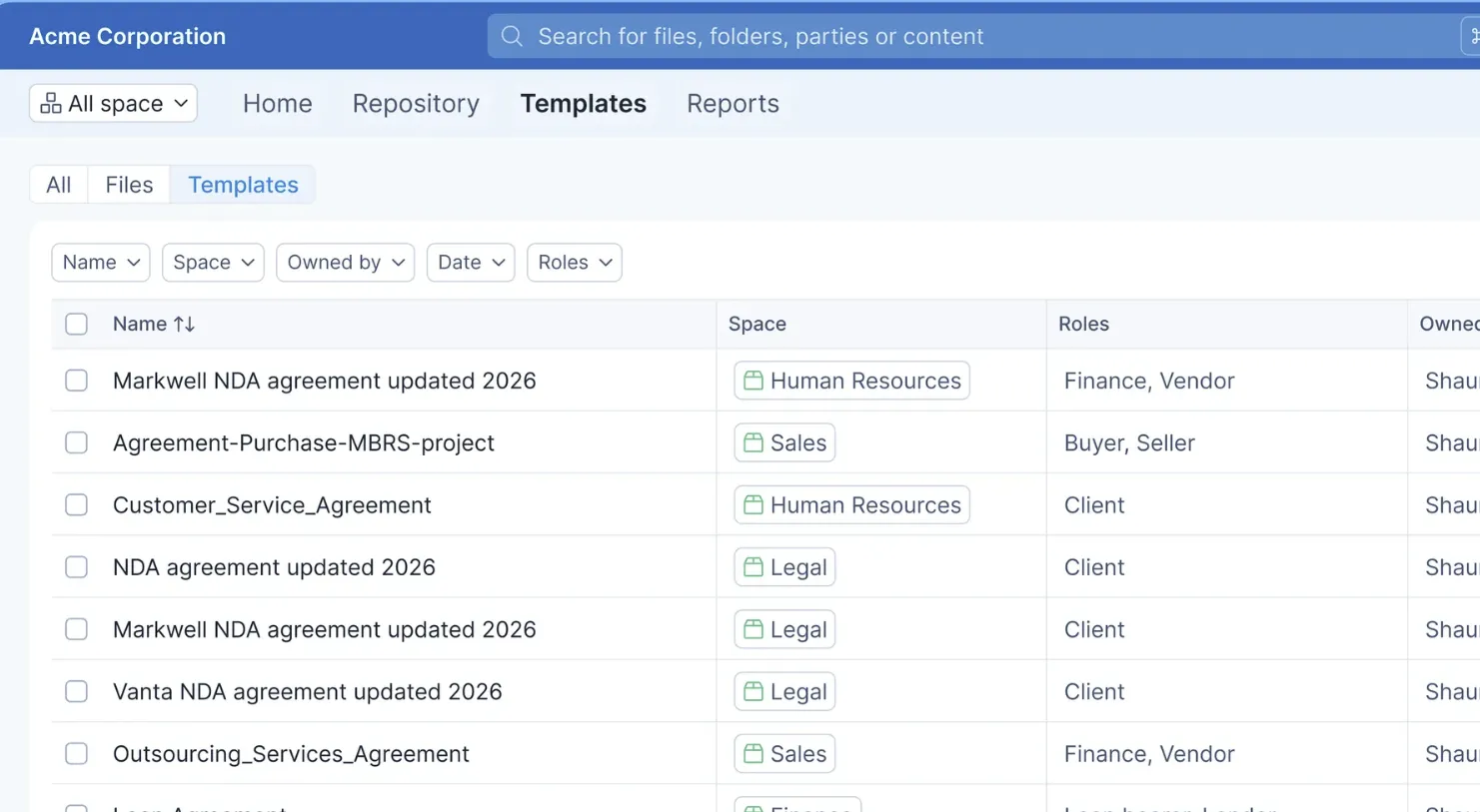 Screenshot of contract template repository dashboard showing searchable template list and filters.