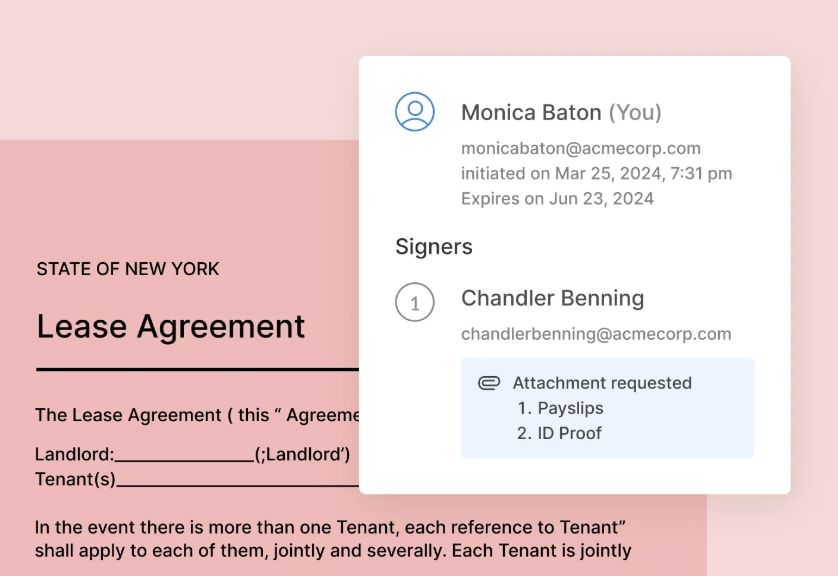 Lease agreement workflow showing signer details and requested attachments panel