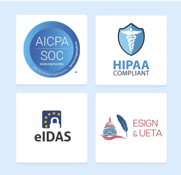 Security and compliance badges including SOC, HIPAA, eIDAS, and ESIGN UETA