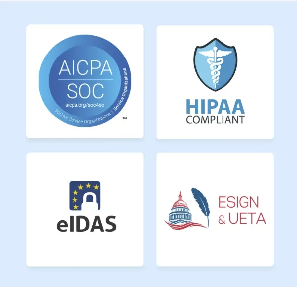 Security and compliance badges including SOC, HIPAA, eIDAS, and ESIGN UETA