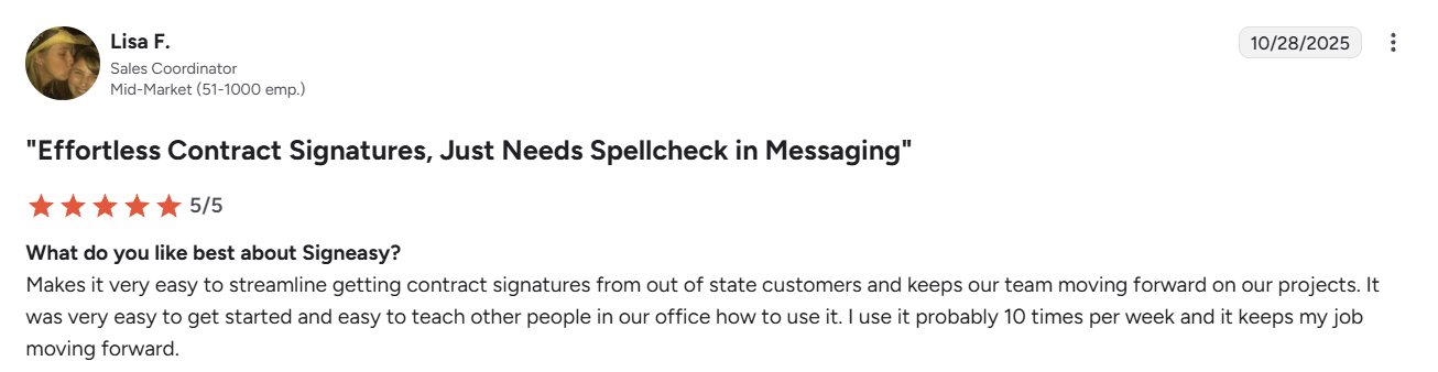 Five-star user review describing streamlined contract signature workflows and usability