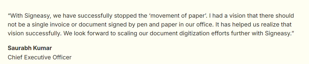 Executive quote describing successful document digitization and paperless workflow adoptionDocusign vs. Signeasy: Which one should you choose for your real estate contracts?