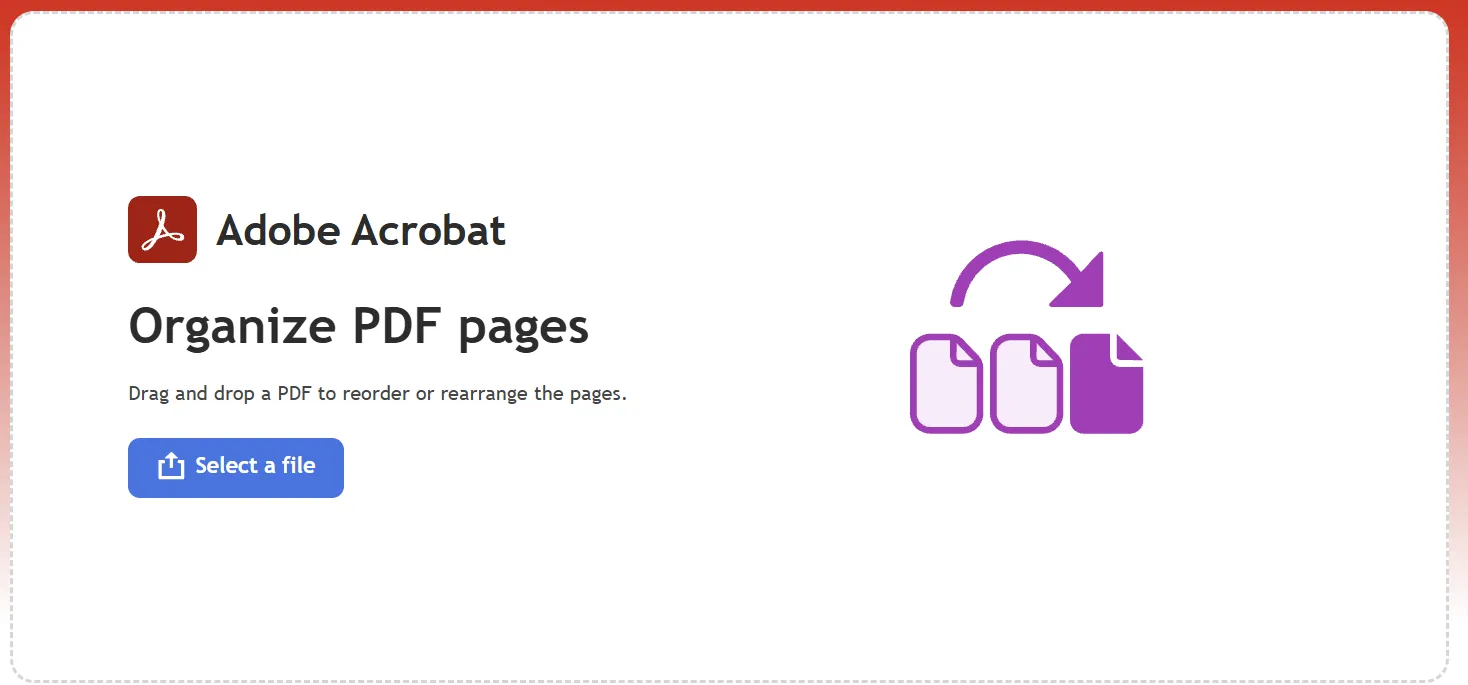 Adobe Acrobat interface for uploading PDFs and managing page order.