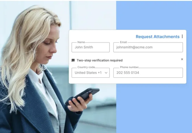 Document request form featuring attachment upload and two-factor verification.