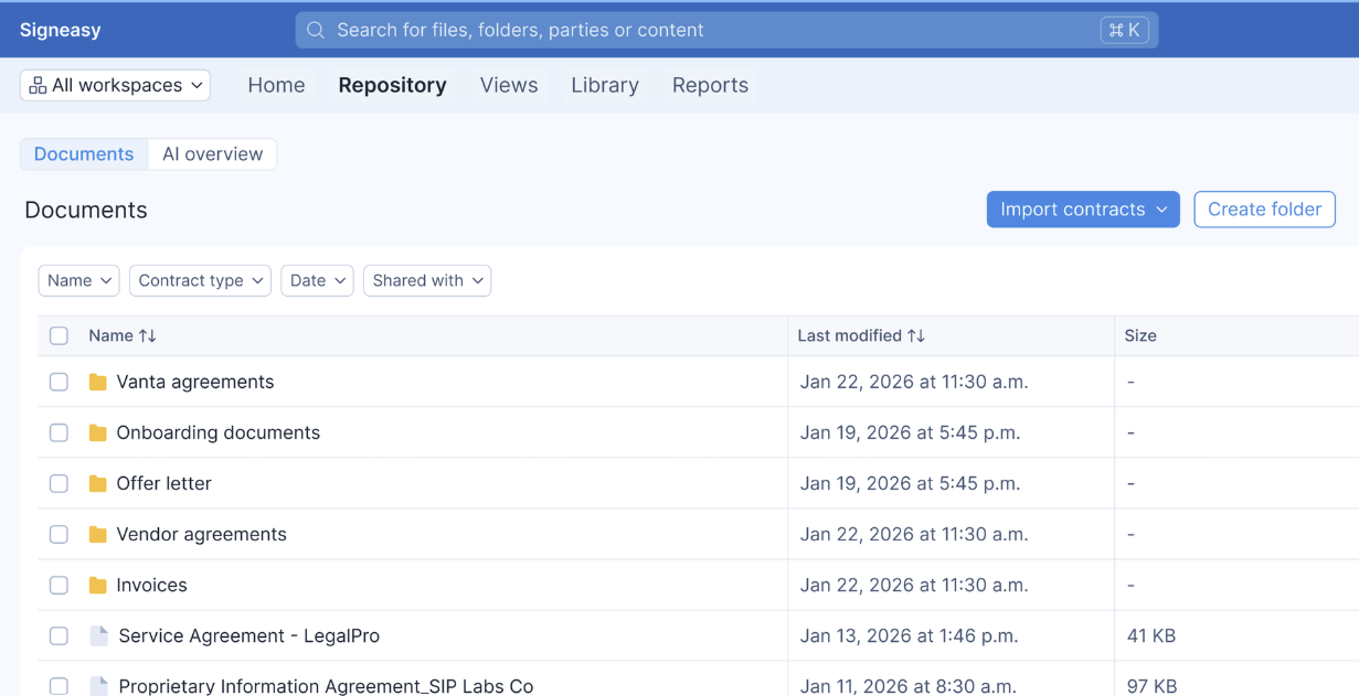 Document repository dashboard displaying folders, contracts, filters, and file metadata.