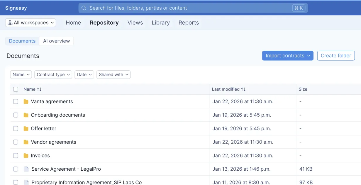 Document repository dashboard displaying folders, contracts, filters, and file metadata.