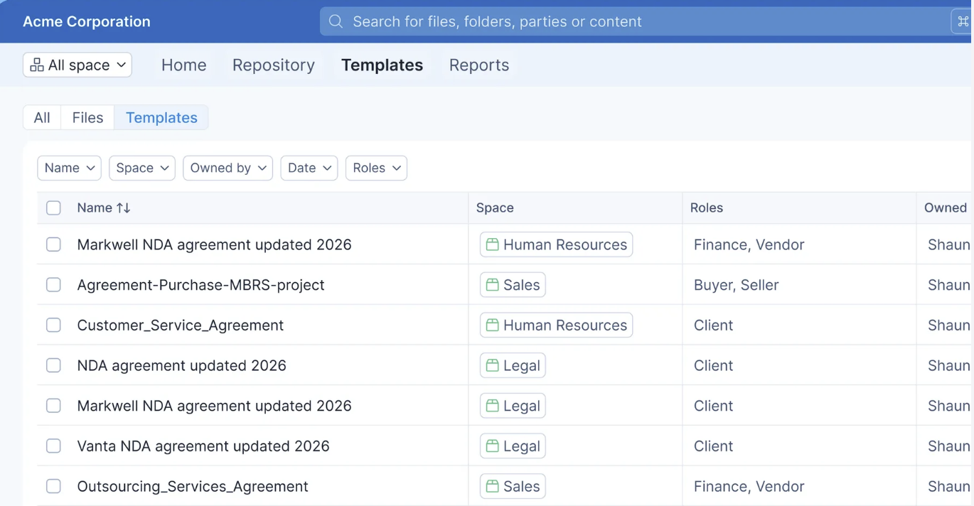 Contract template repository displaying searchable agreements with spaces, roles, owners, and filters.