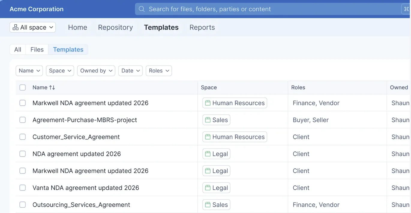 Contract template repository displaying searchable agreements with spaces, roles, owners, and filters.