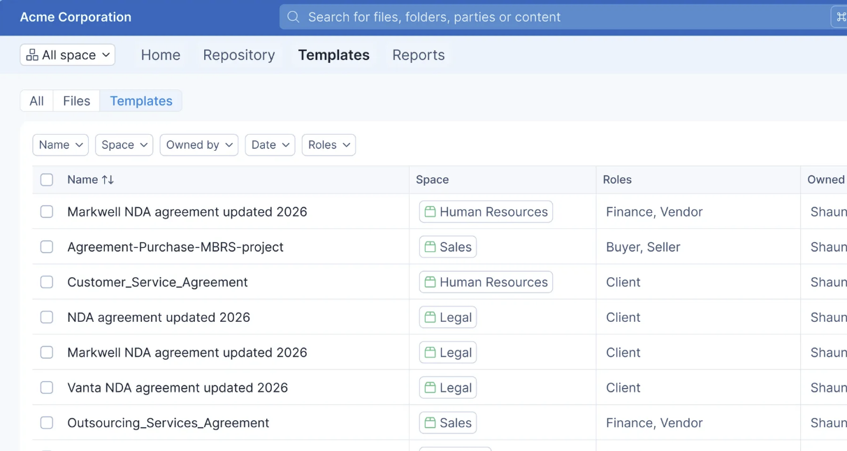 Contract templates dashboard showing agreement types, roles, and ownership.