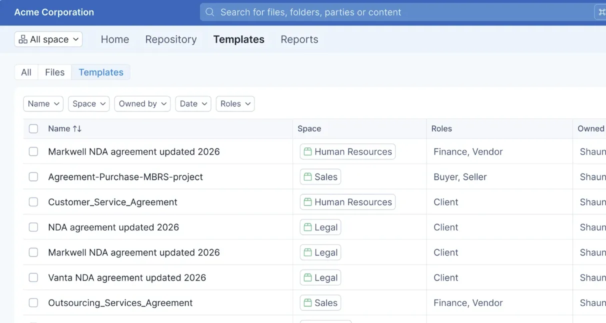Contract templates dashboard showing agreement types, roles, and ownership.