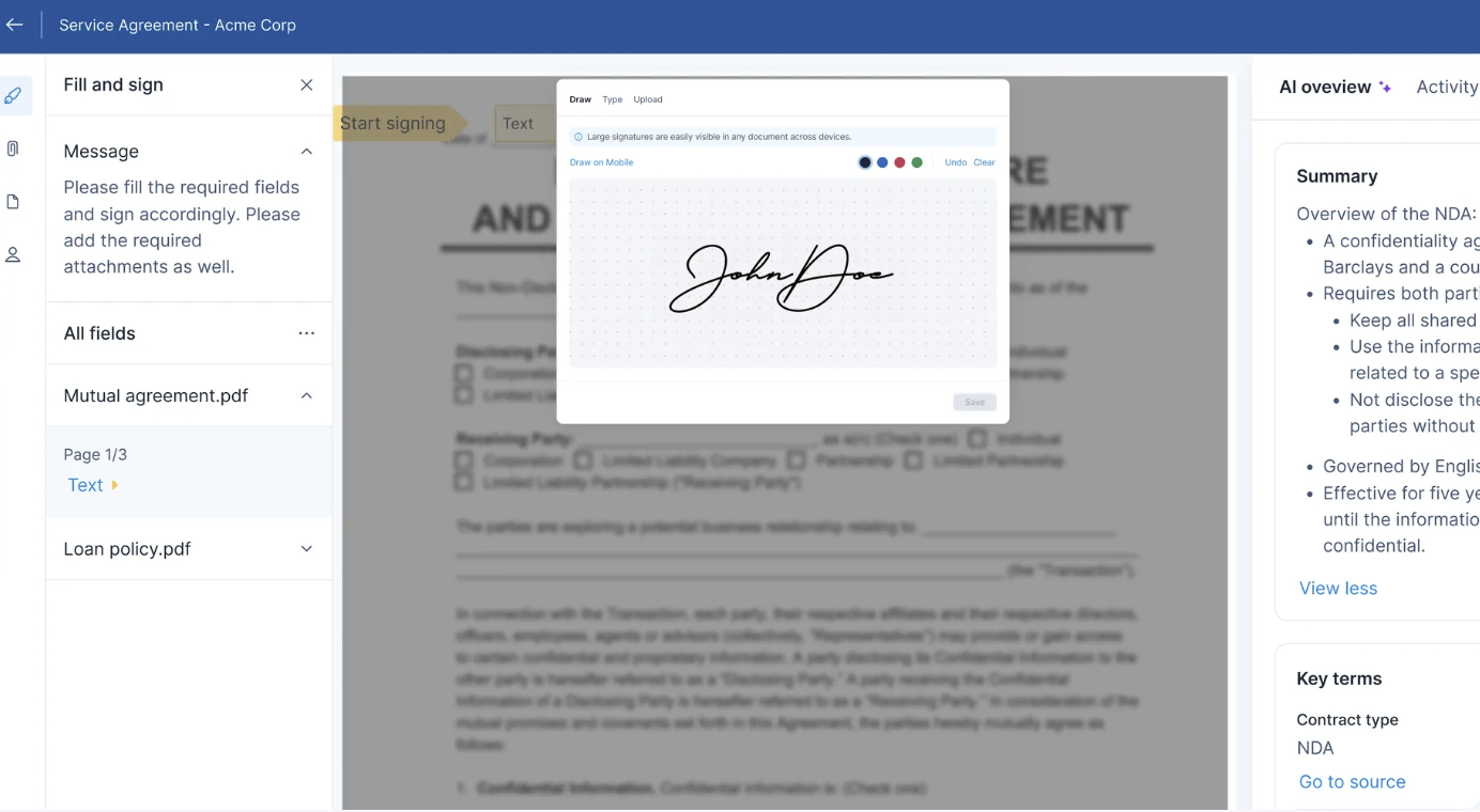 Document signing interface with signature pad, contract preview, AI summary, and metadata panel.
