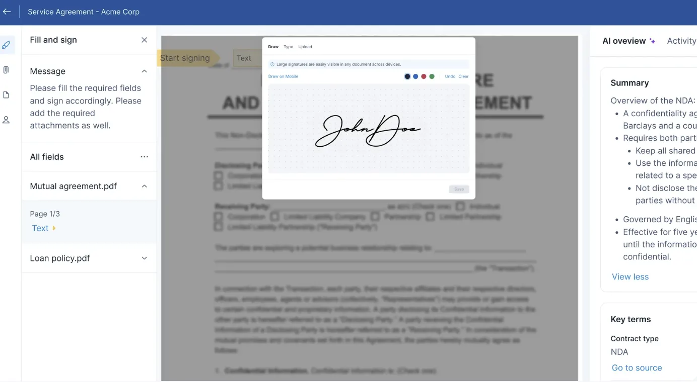 Document signing interface with signature pad, contract preview, AI summary, and metadata panel.