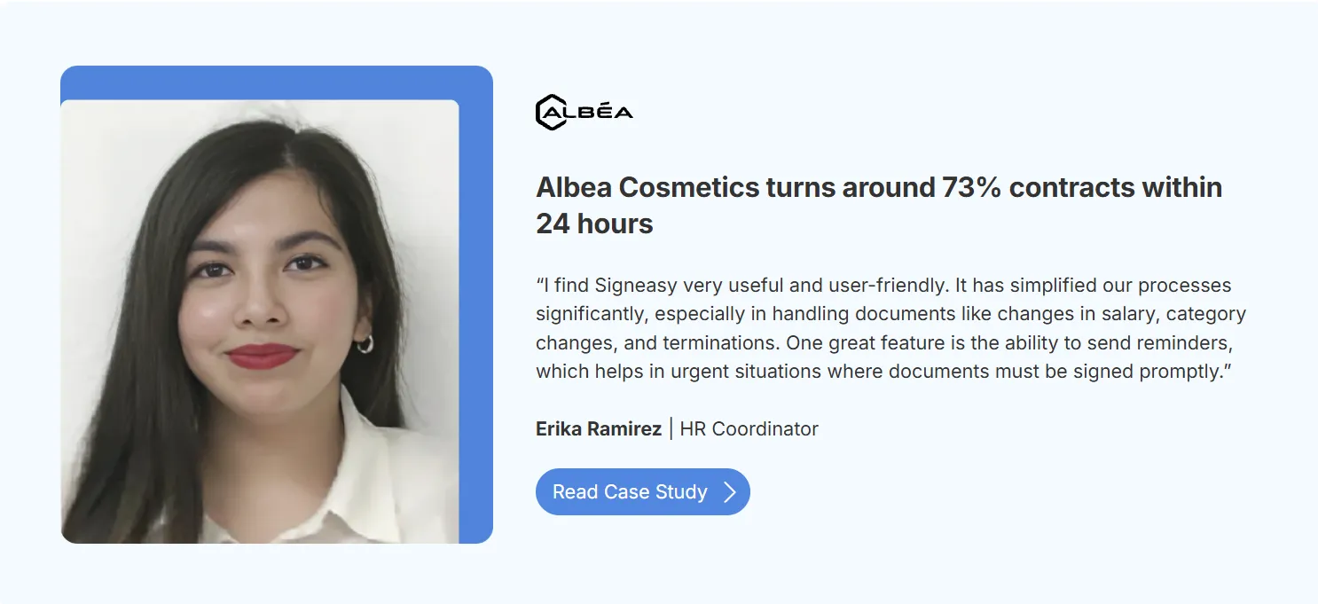 Customer success story highlighting faster contract completion using Signeasy.