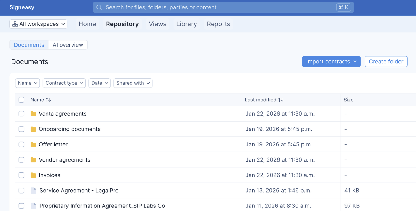 Contract repository view showing folders, files, filters, and import options.