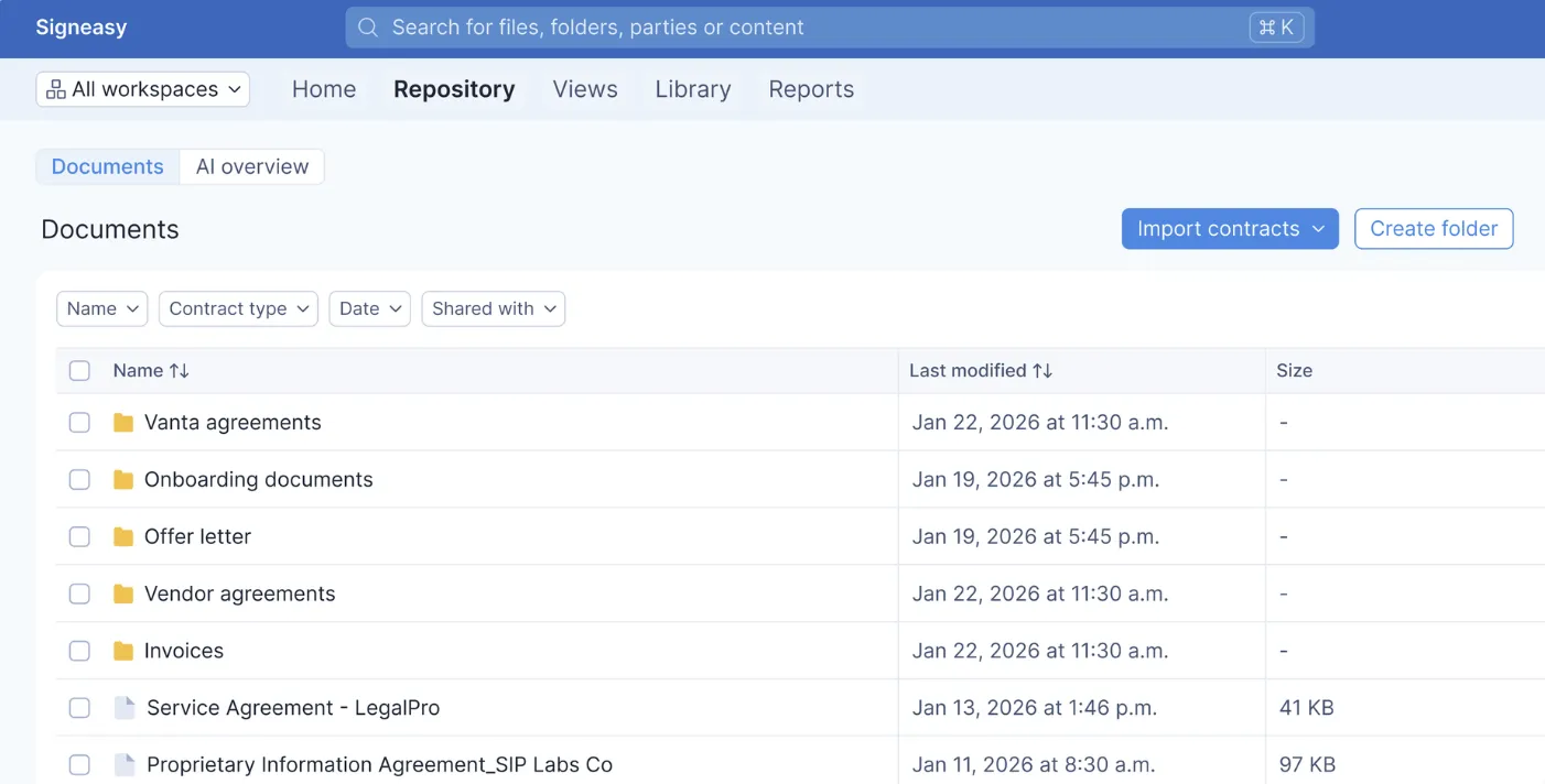 Contract repository view showing folders, files, filters, and import options.