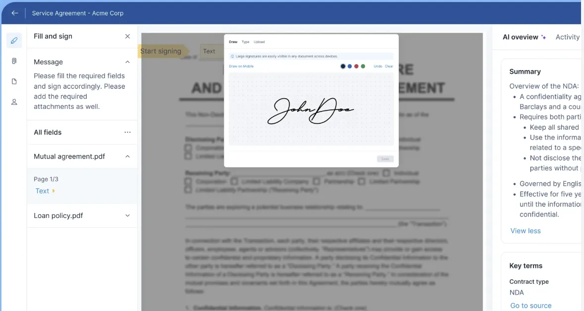 Document signing interface showing signature capture, contract viewer, and AI insights.
