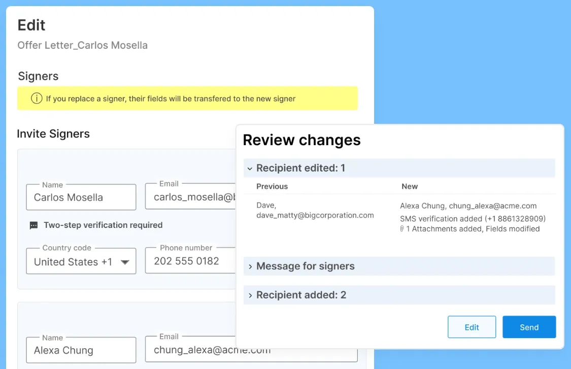 Signeasy interface showing in-flight signer edit and change review panel 