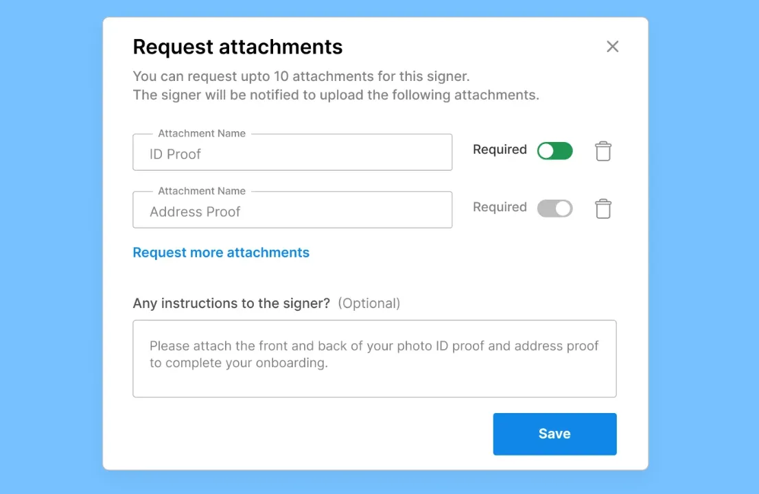Signeasy panel requesting ID proof and address proof with required toggle 