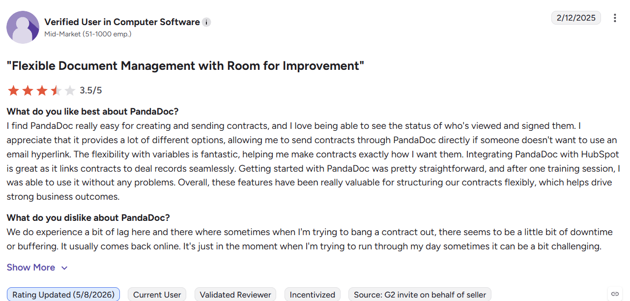 User review discussing PandaDoc features, integrations, and occasional performance lag.