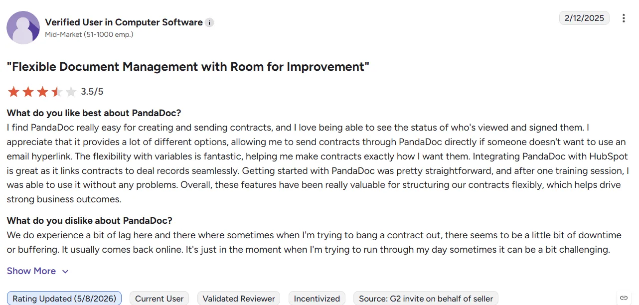User review discussing PandaDoc features, integrations, and occasional performance lag.