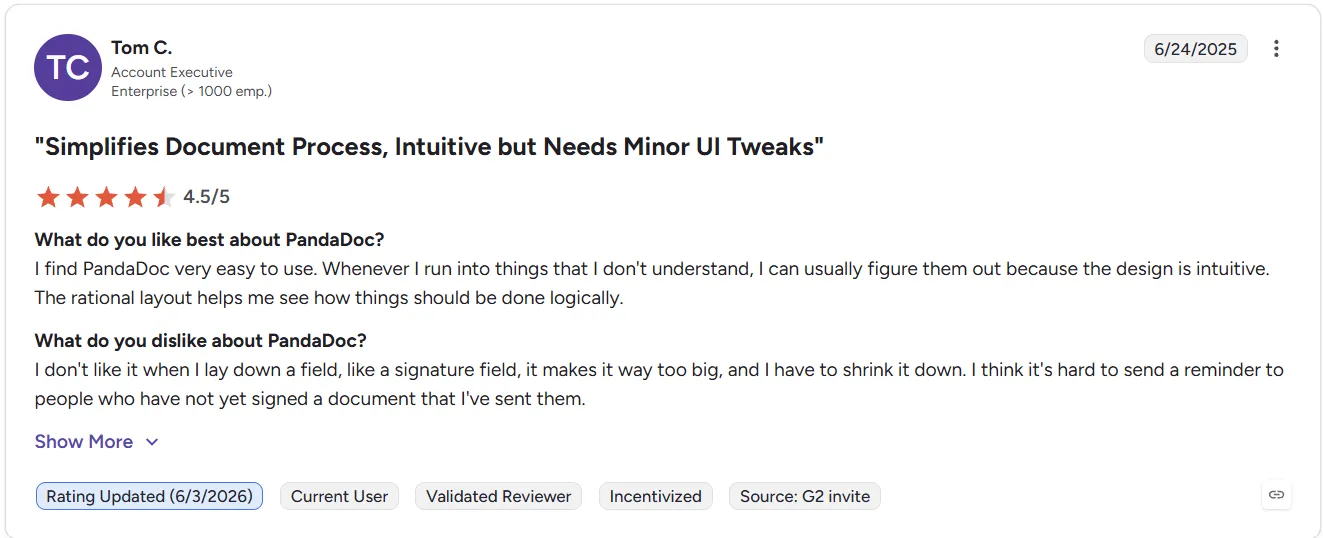 User review noting PandaDoc usability and minor interface limitations.