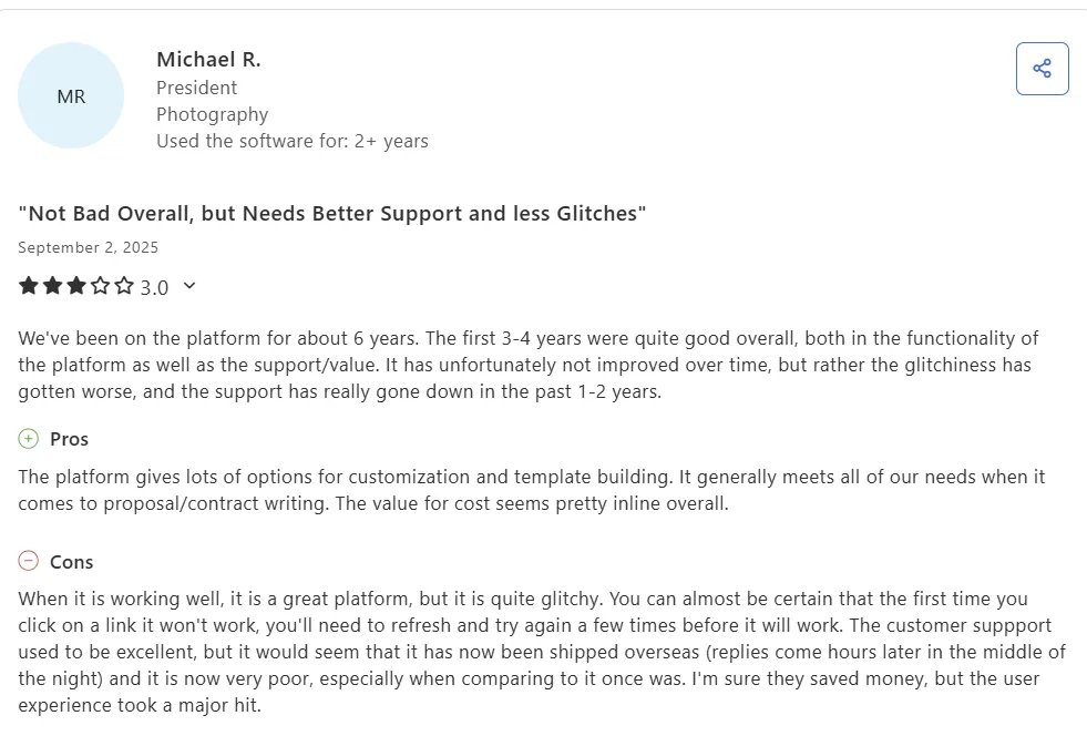 PandaDoc review discussing customization benefits, glitches, and support concerns.
