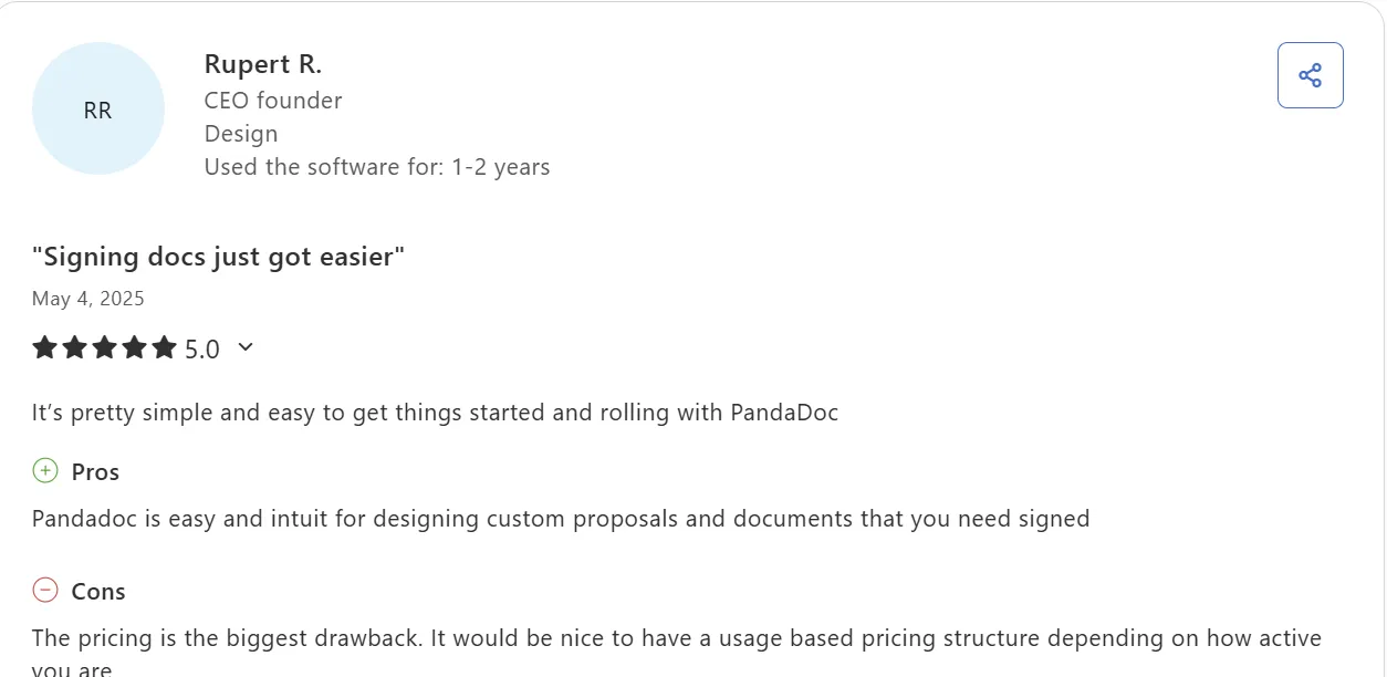 Five-star review highlighting easy document signing and proposal creation.