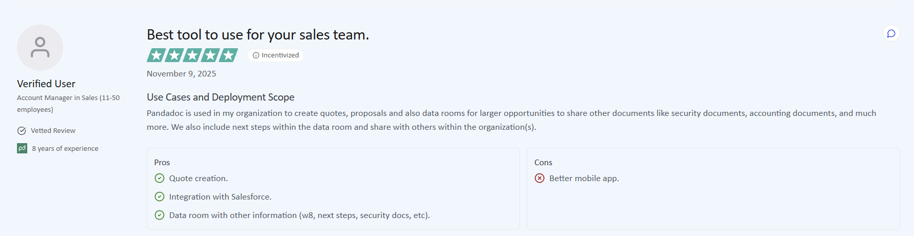 Five-star review highlighting quote creation, integrations, and sales collaboration.