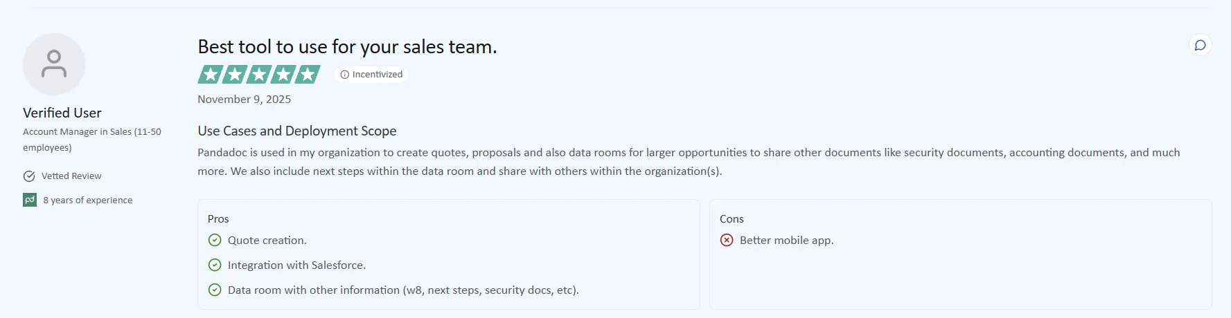 Five-star review highlighting quote creation, integrations, and sales collaboration.