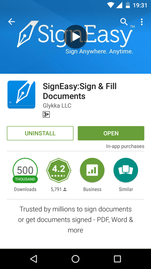 Screenshot of Signeasy app on Android with the 500K download badge