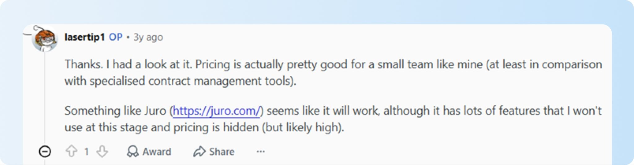 Reddit discussion showing issues with Juro pricing