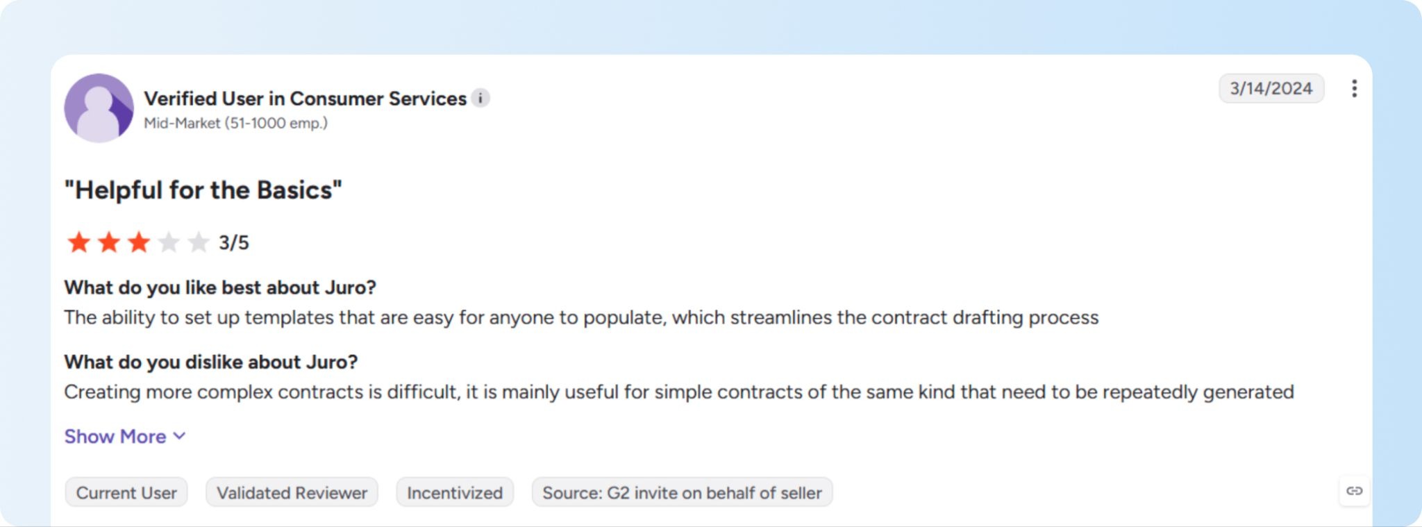 User review on G2 mentioning difficulty in creating complex contracts in Juro