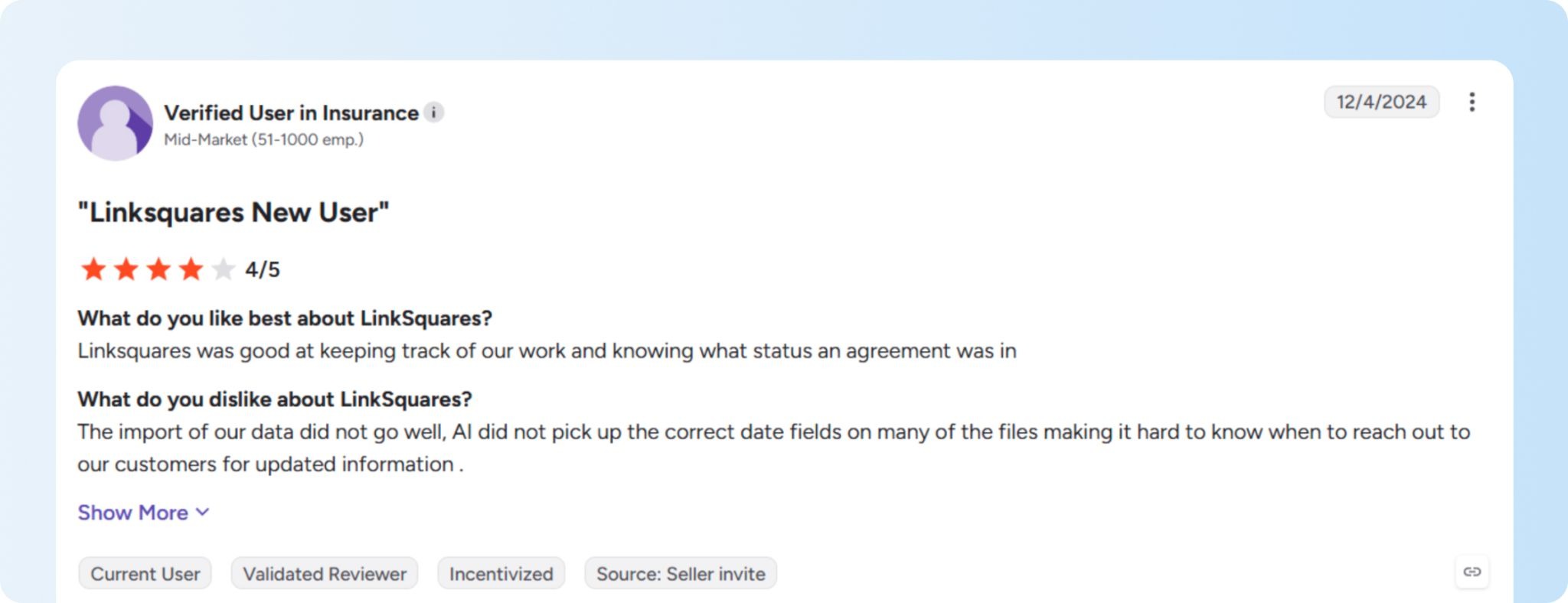 G2 review highlighting issues with LinkSquares AI