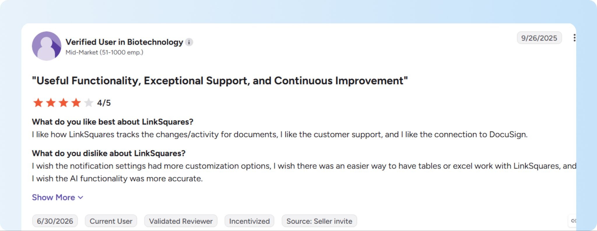 G2 user review about LinkSquares limited customization options