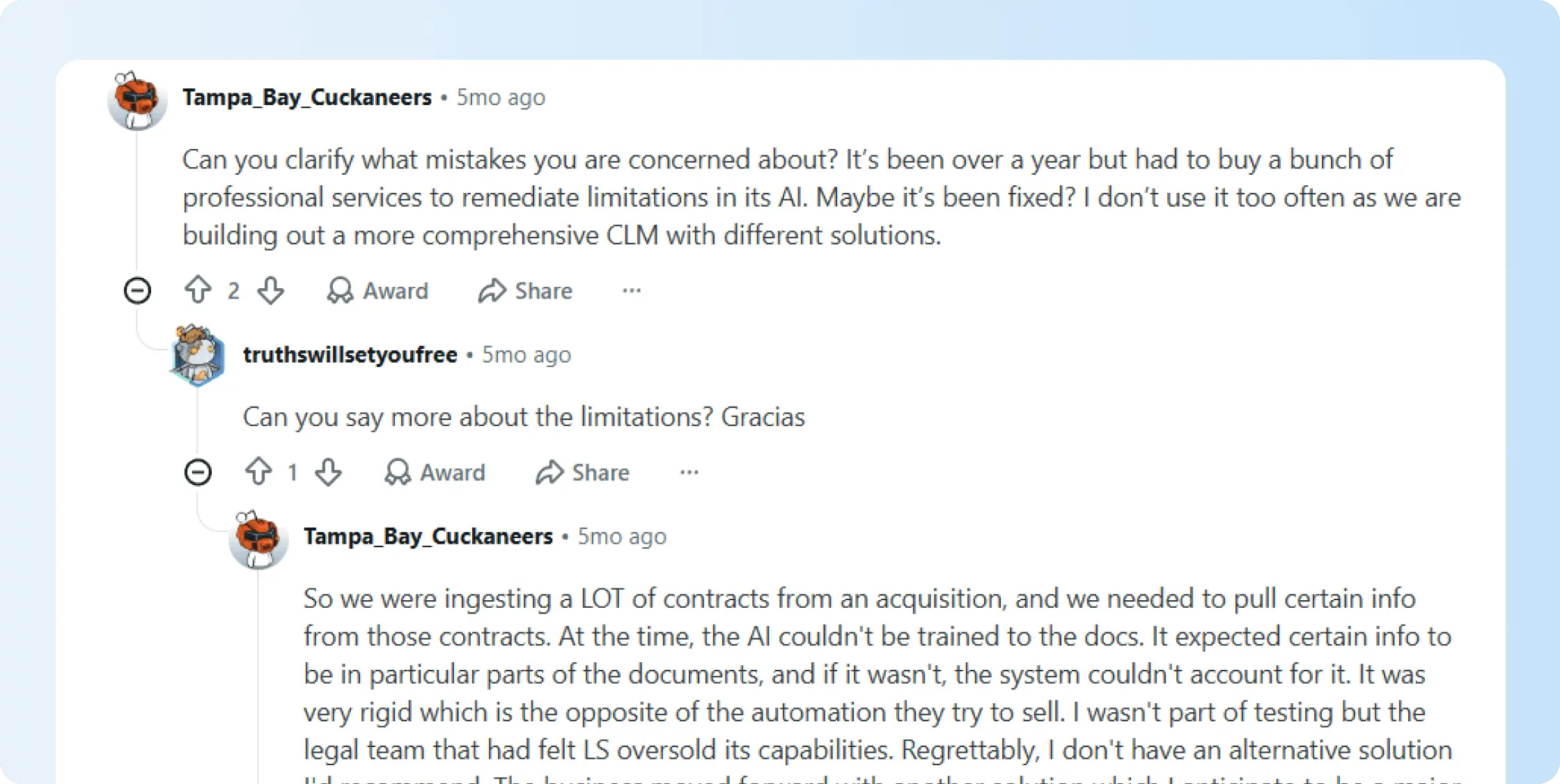 Users highlighting issues with LinkSquares on Reddit