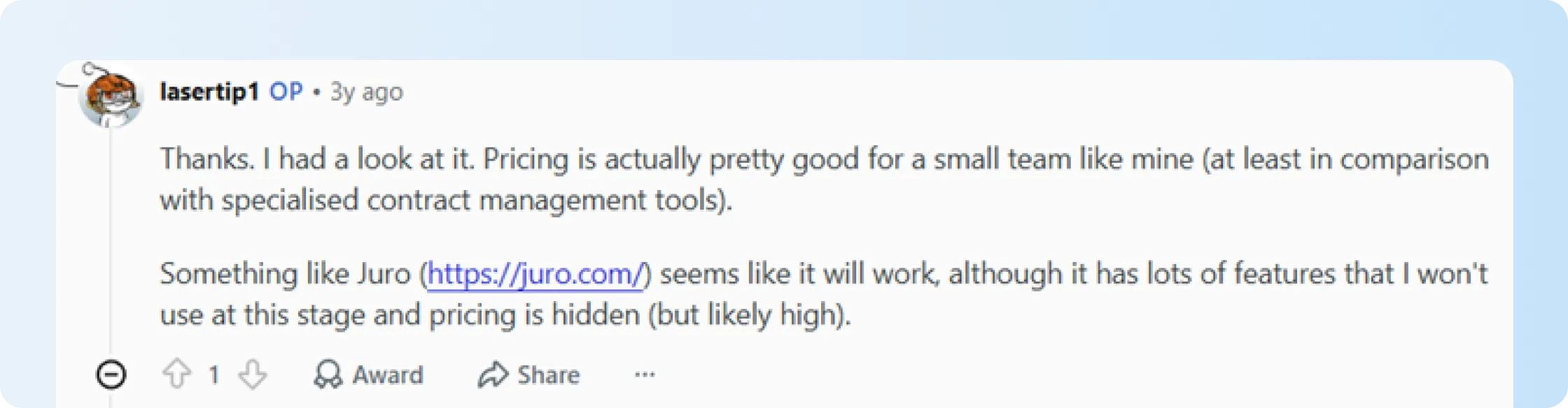 Reddit discussion showing issues with Juro pricing