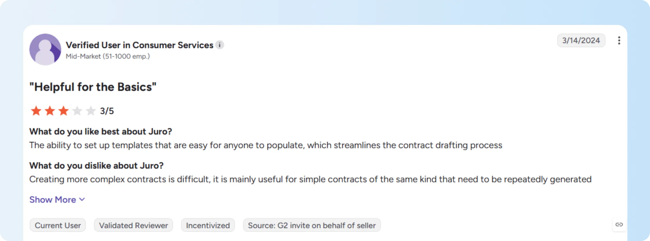 User review on G2 mentioning difficulty in creating complex contracts in Juro