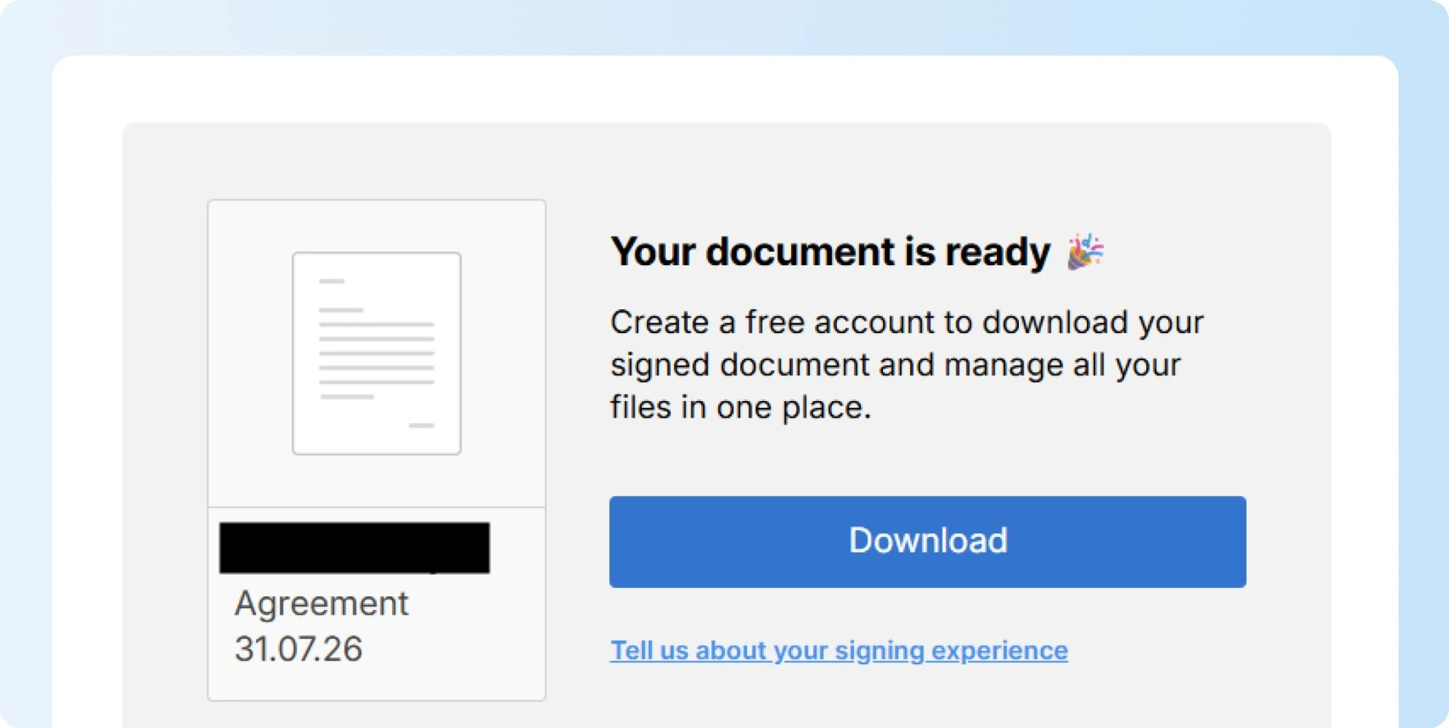 Signeasy signed document download and sharing screen