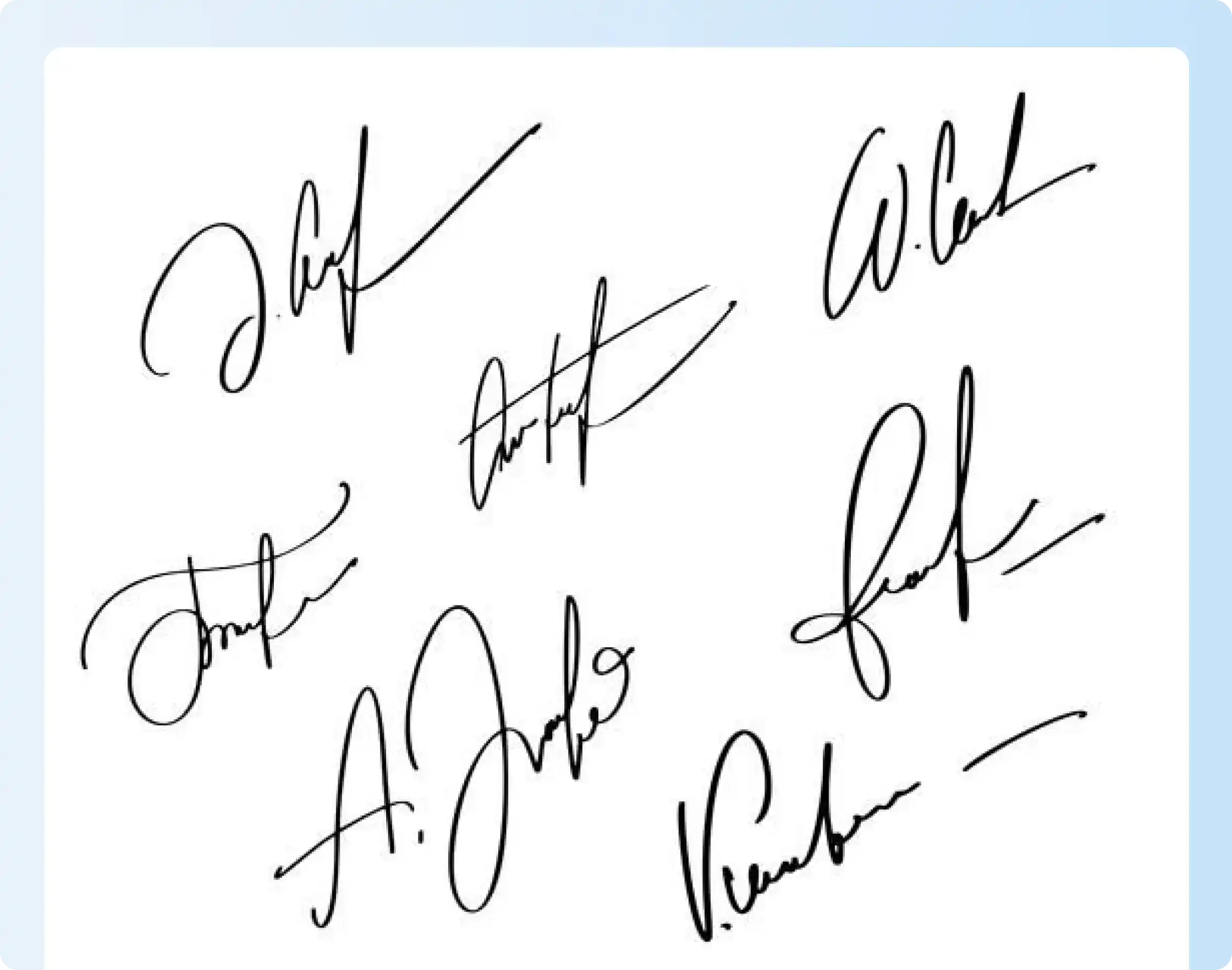 Traditional cursive signature ideas with initials, loops, underlines, and connected strokes