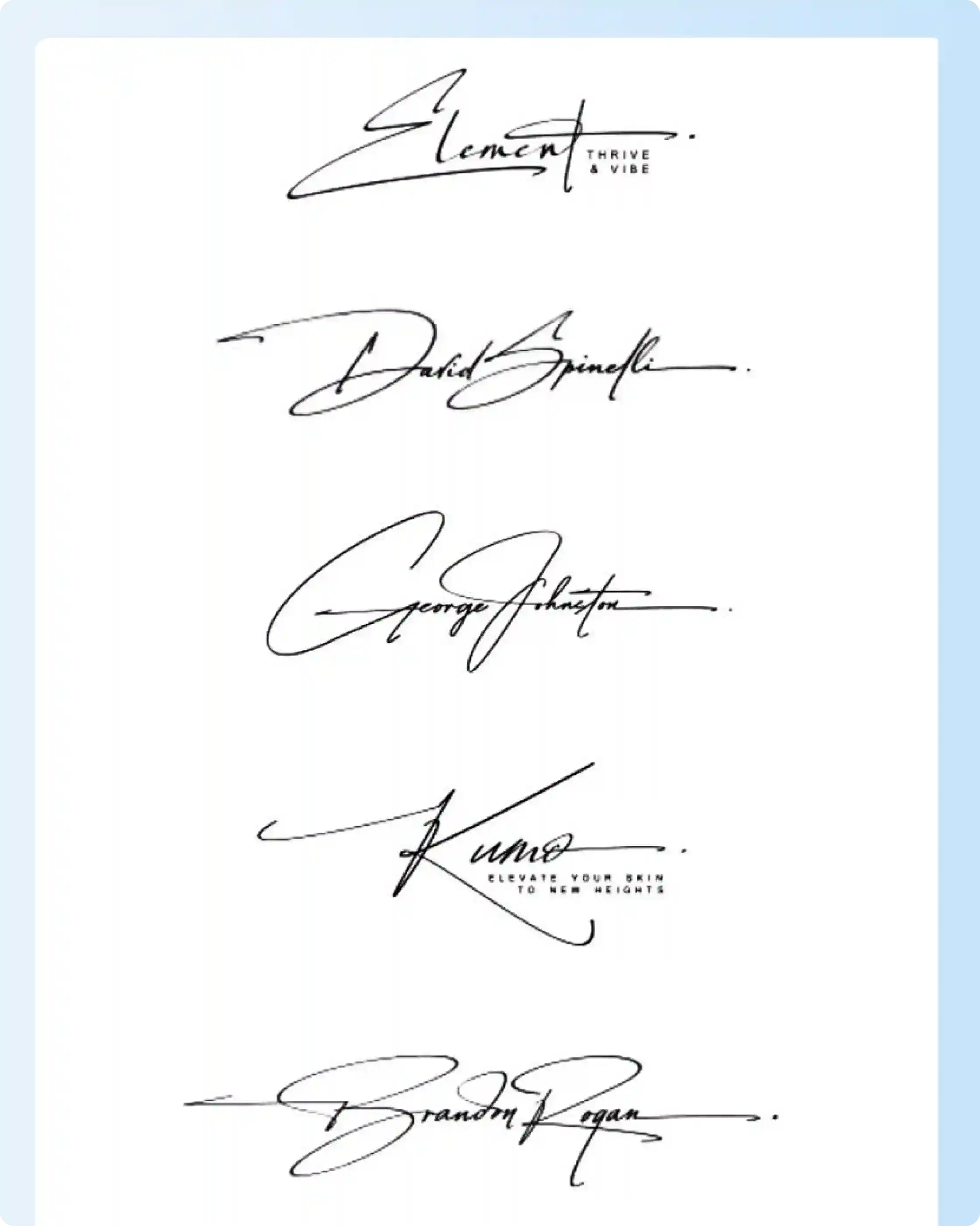Creative signature styles with bold initials, long strokes, underlines, and brand-like details