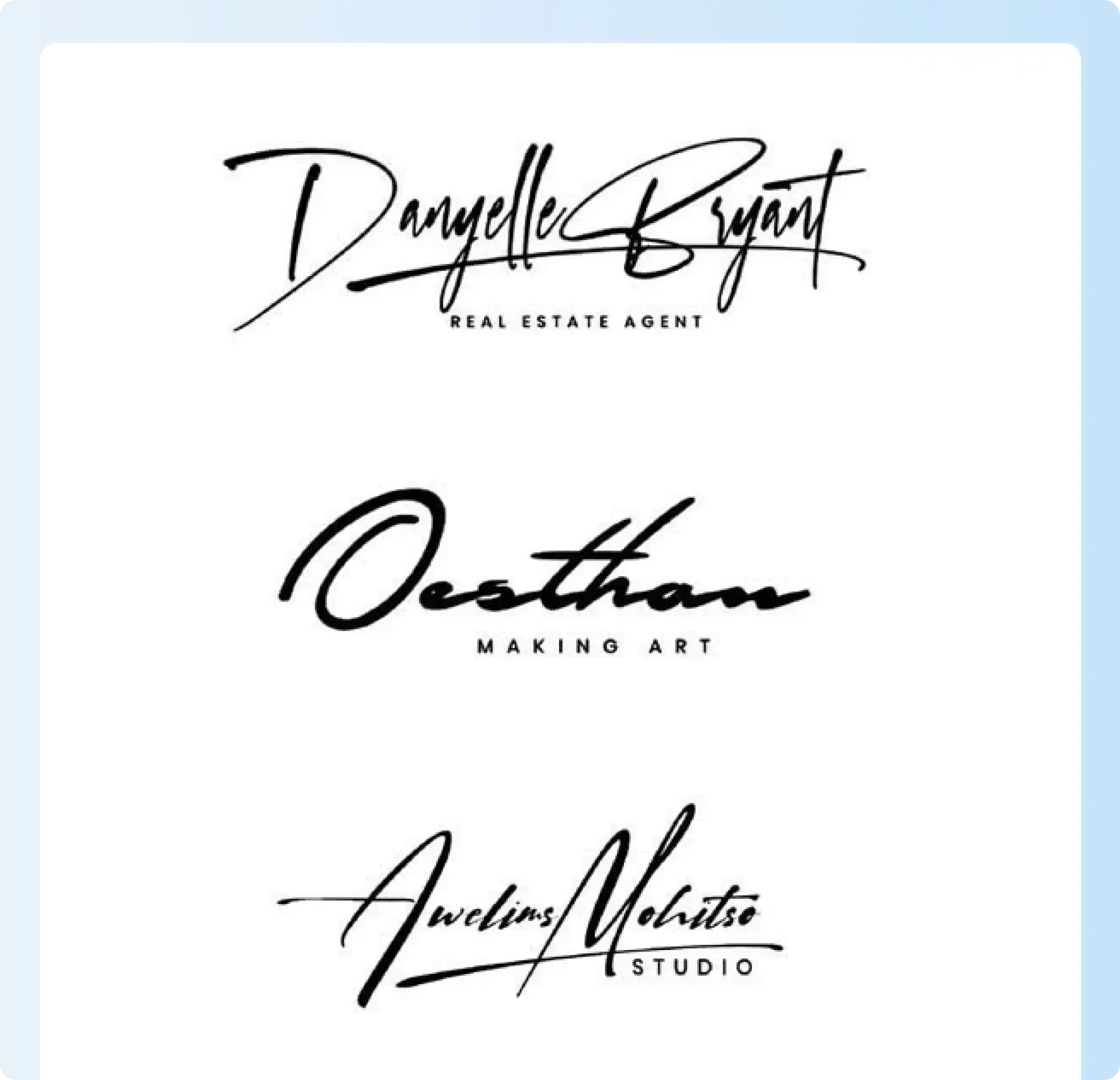 Bold signature styles with thick strokes, large initials, sweeping underlines, and brand-style text