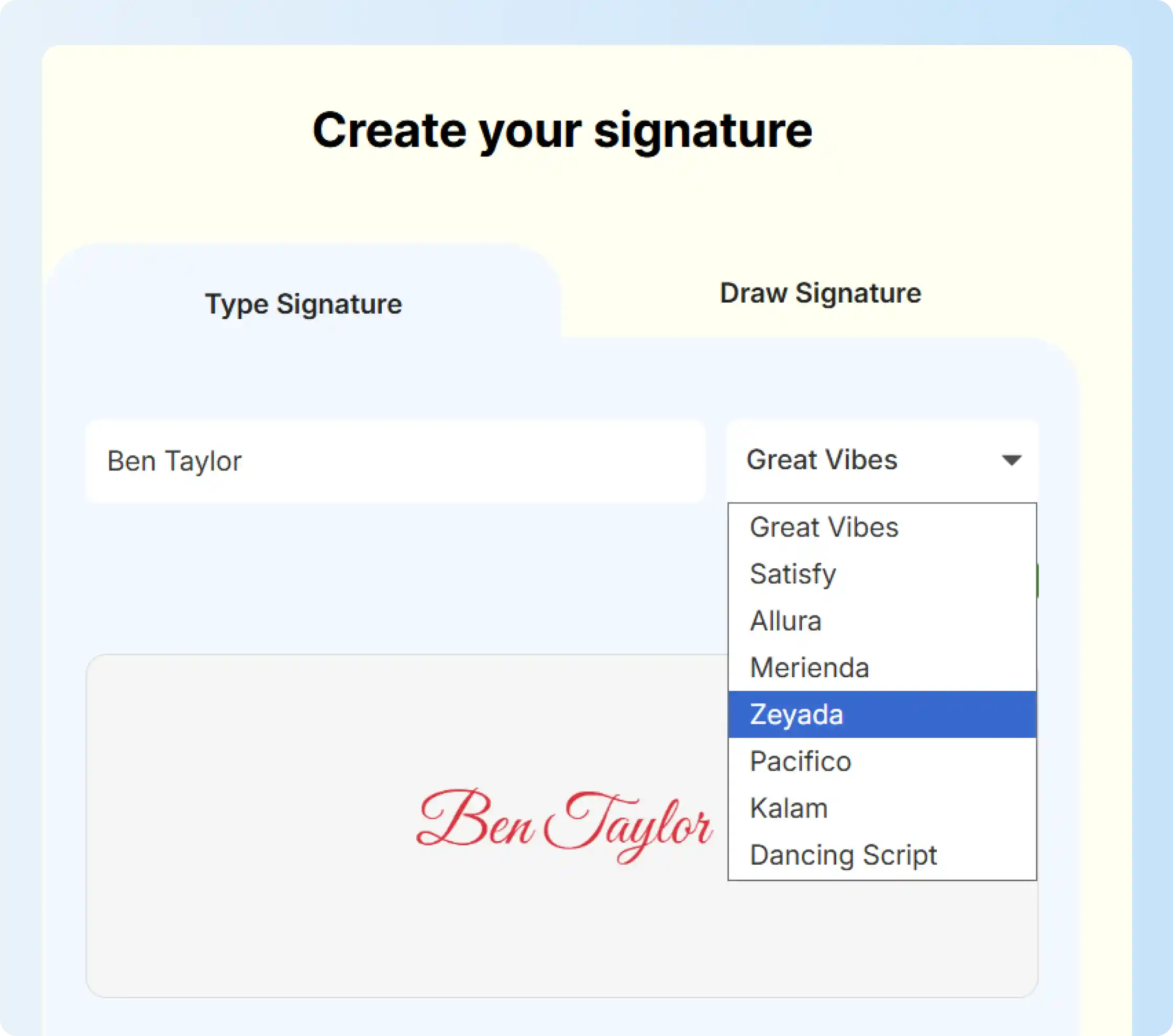 Selecting font style and signature for the tool