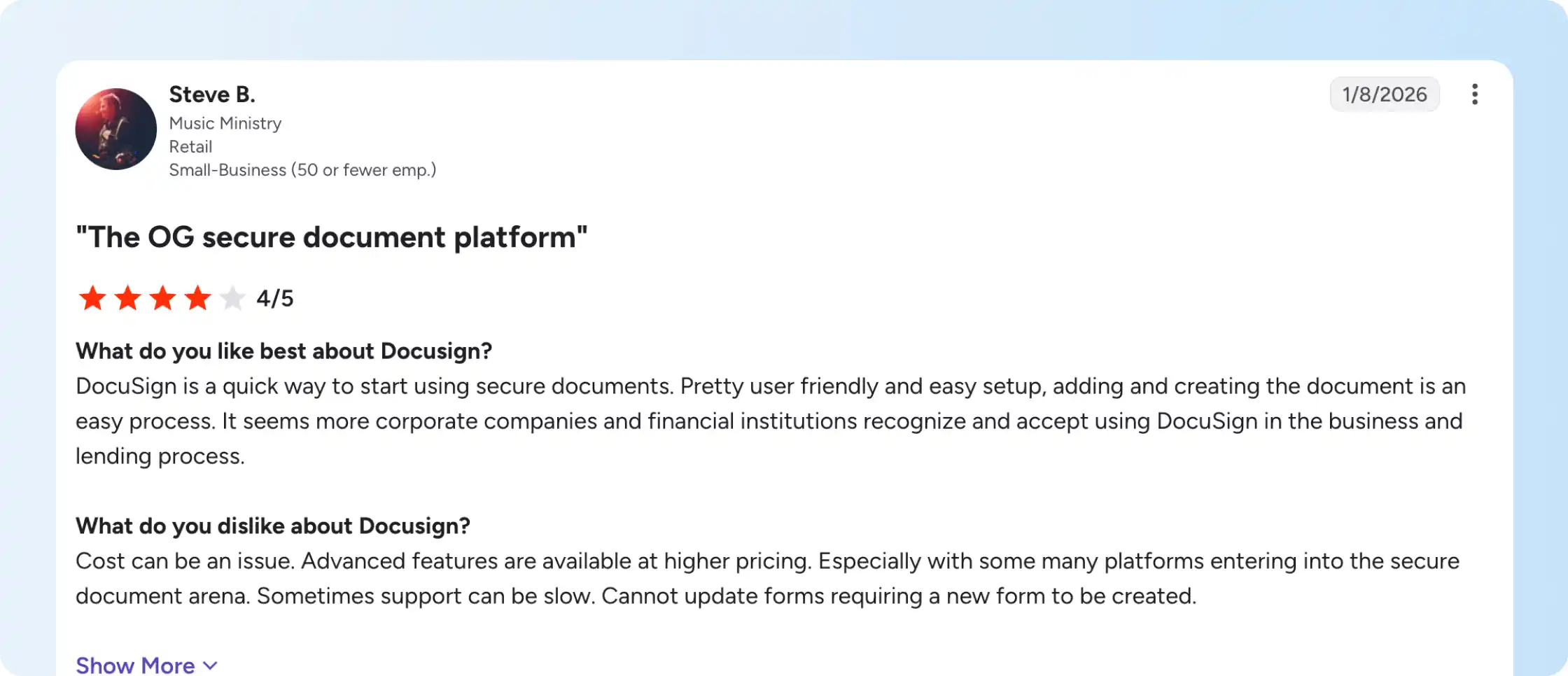 G2 user review highlighting Docusign pricing concerns