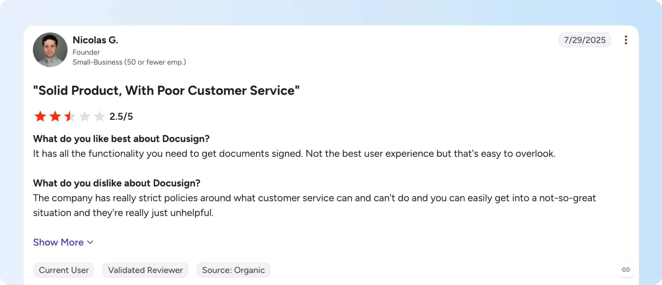 G2 review highlighting issues with customer service